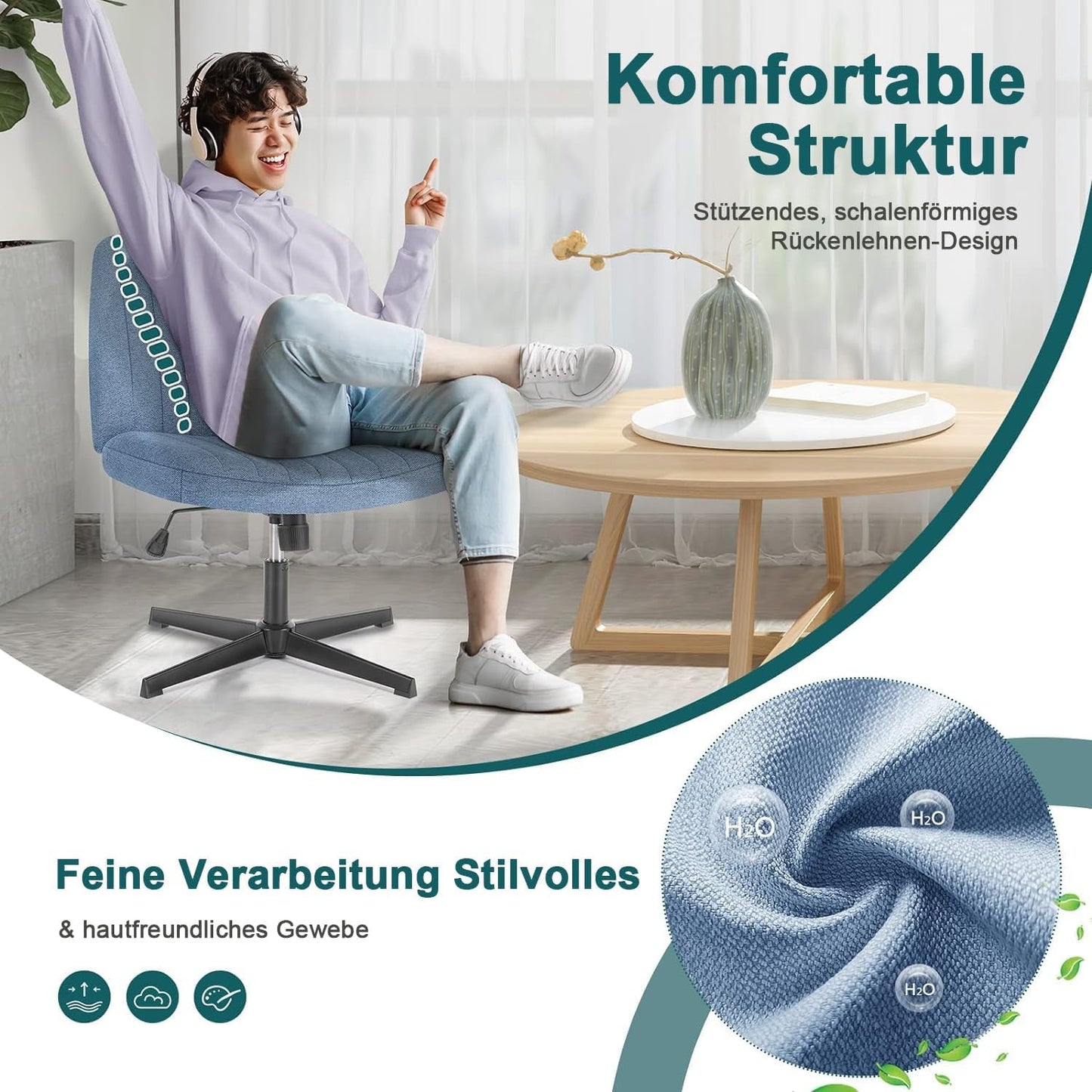 Cross Legged Office Chair, Armless Wide Desk Chair No Wheels, Modern Home Office Desk Chair Swivel Adjustable Fabric Vanity Chair-4