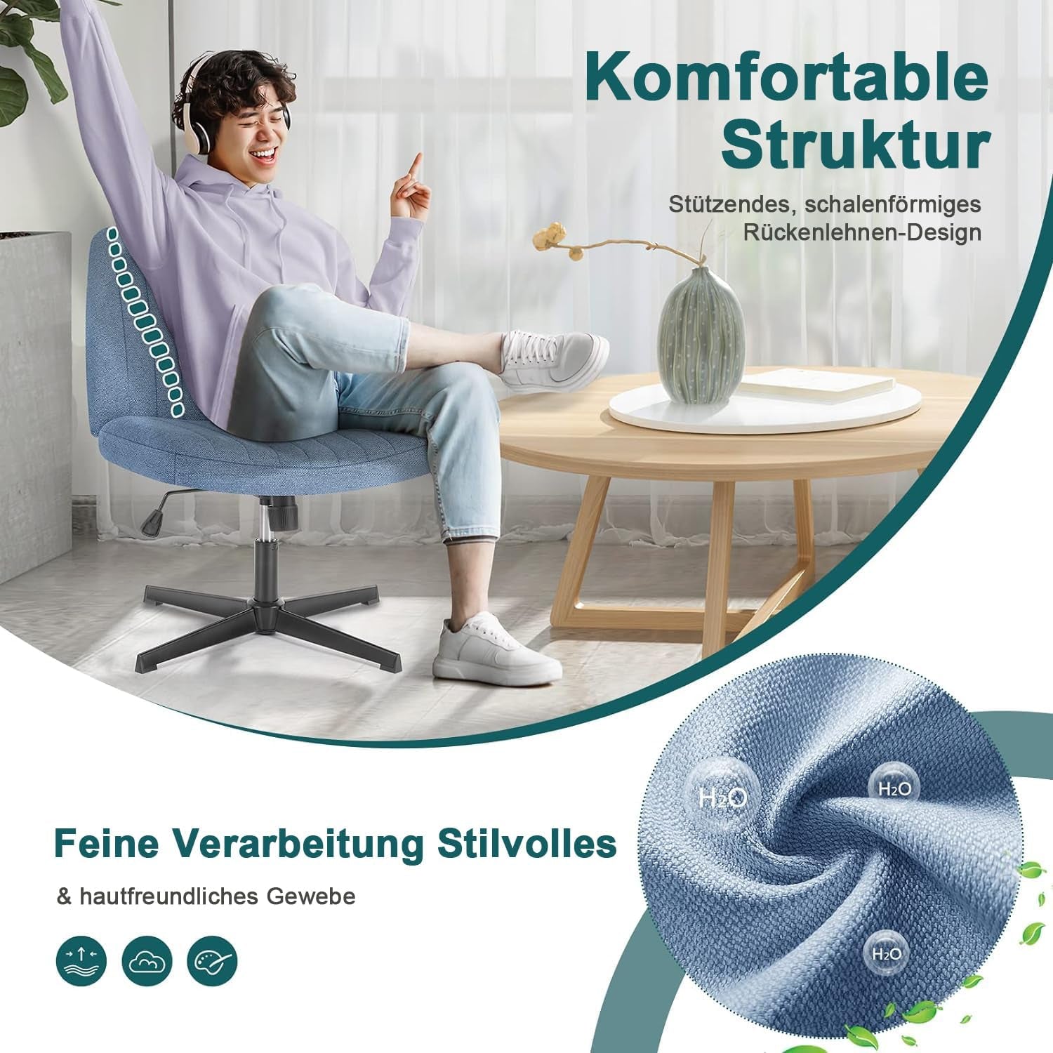 Cross Legged Office Chair, Armless Wide Desk Chair No Wheels, Modern Home Office Desk Chair Swivel Adjustable Fabric Vanity Chair-4