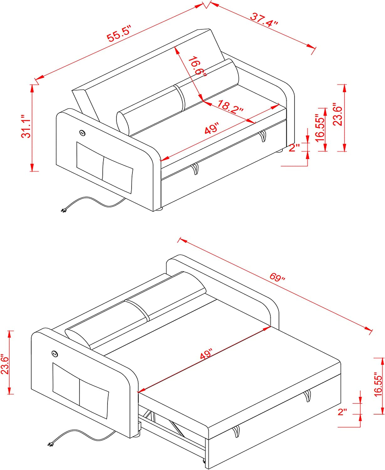 Convertible Sofa Bed with USB and Pockets-2