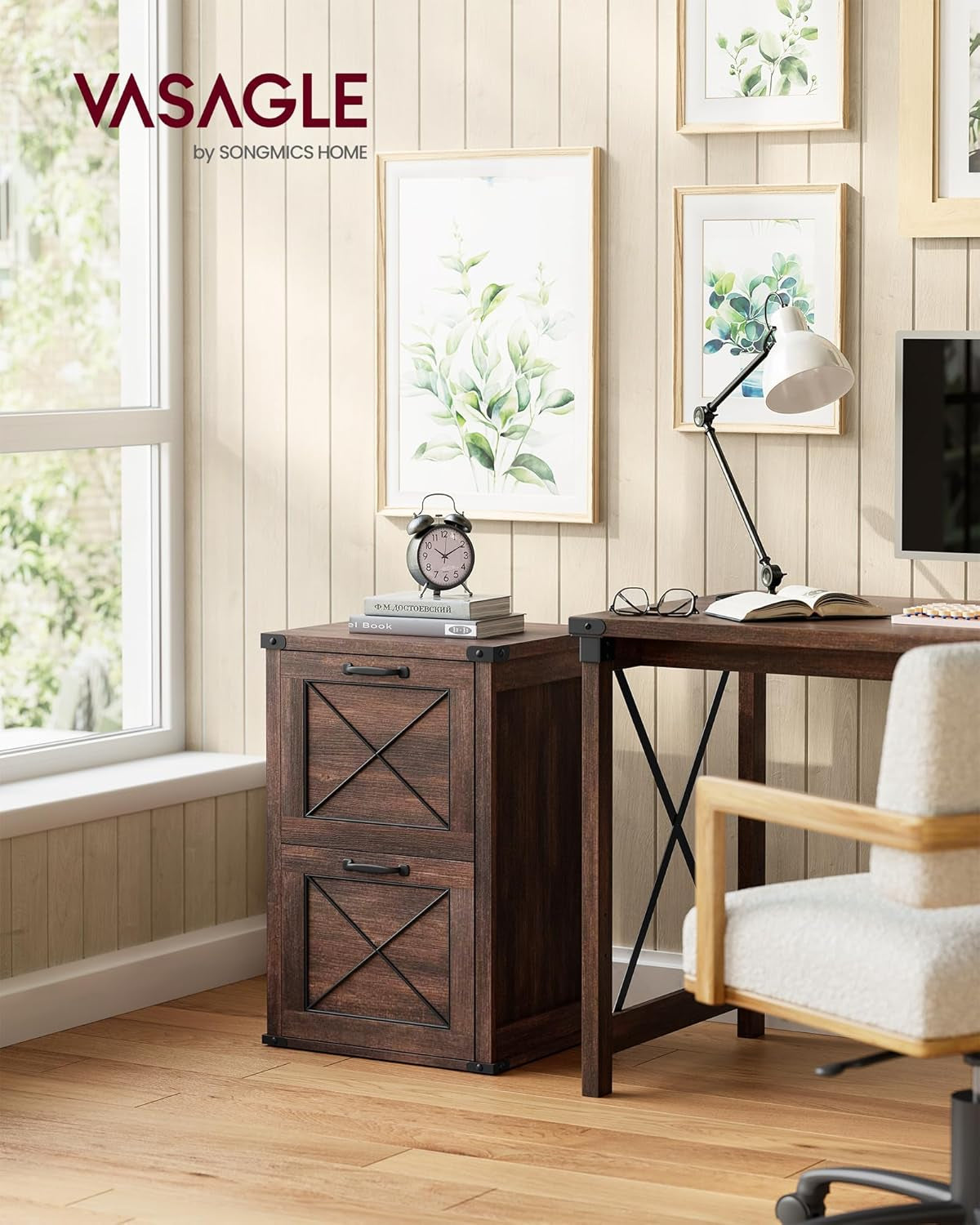 File Cabinet, Filing Cabinet with 2 File Drawers, Printer Stand, Fit A4, Letter Size, Hanging File Folders, Modern Farmhouse Style, for Home Office, Maroon Brown UOFC048K01-1