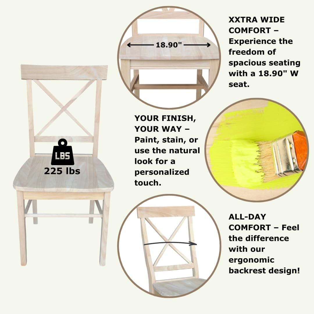 X-Back Dining Chairs Set of 2 Solid Parawood, Upgrade Your Dining Room with Stylish and Comfortable Chairs, Paint or Stain in Any Color, 18.9"W X 22.2"D X 36.9"H, Unfinished-3
