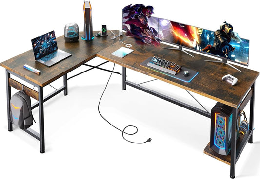 66" L Shaped Gaming Desk with Outlet, L Shaped Desk with CPU Stand, Corner Computer Desk, Home Office Desk, Writing Desk, Vintage-0