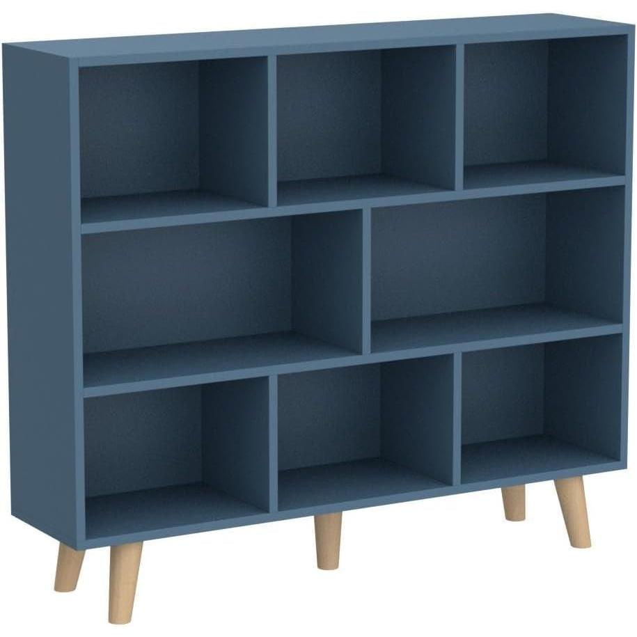 Wooden Open Shelf Bookcase - 3-Tier Floorstanding Display Cabinet Rack with Legs, 8 Cubes Free Standing Bookshelf, Bright Blue-4