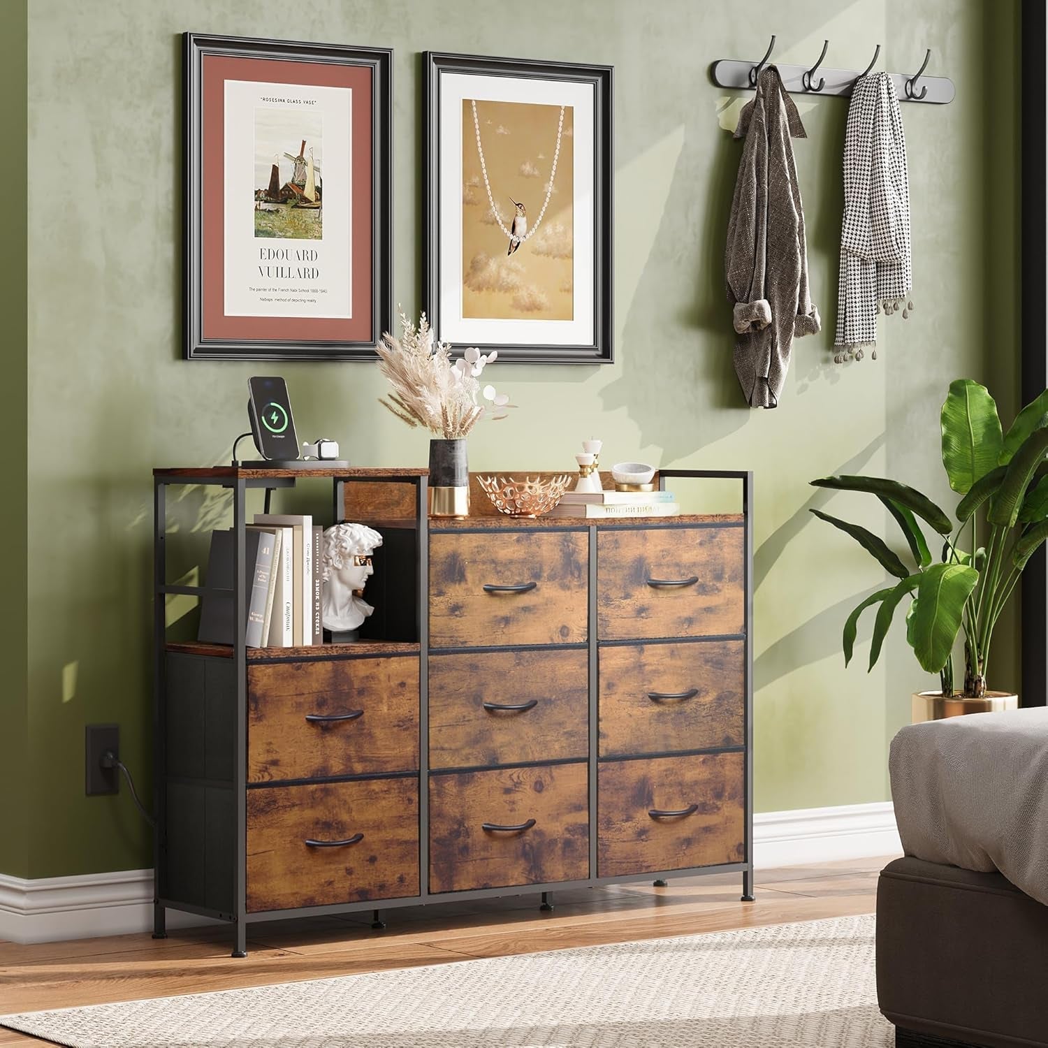 Dresser TV Stand for Bedroom with Charging Station, Wide Storage Chest of Drawers with 8 Large Fabric Drawers and Open Shelves, Storage Organizer Unit for Closet, Living Room, Rustic Brown-3