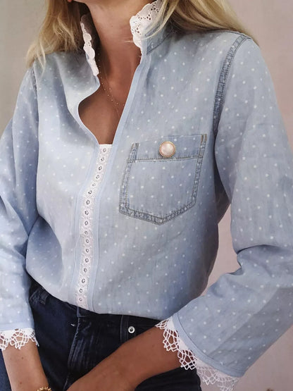 Lace Trim Patchwork Dotted Print Collared Blouse