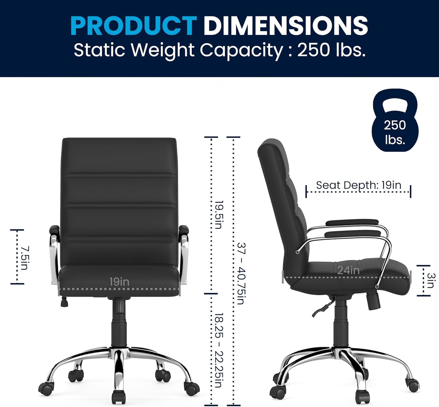Whitney Mid-Back Swivel Leathersoft Desk Chair with Padded Seat and Armrests, Adjustable Height Padded Office Chair, Black-2