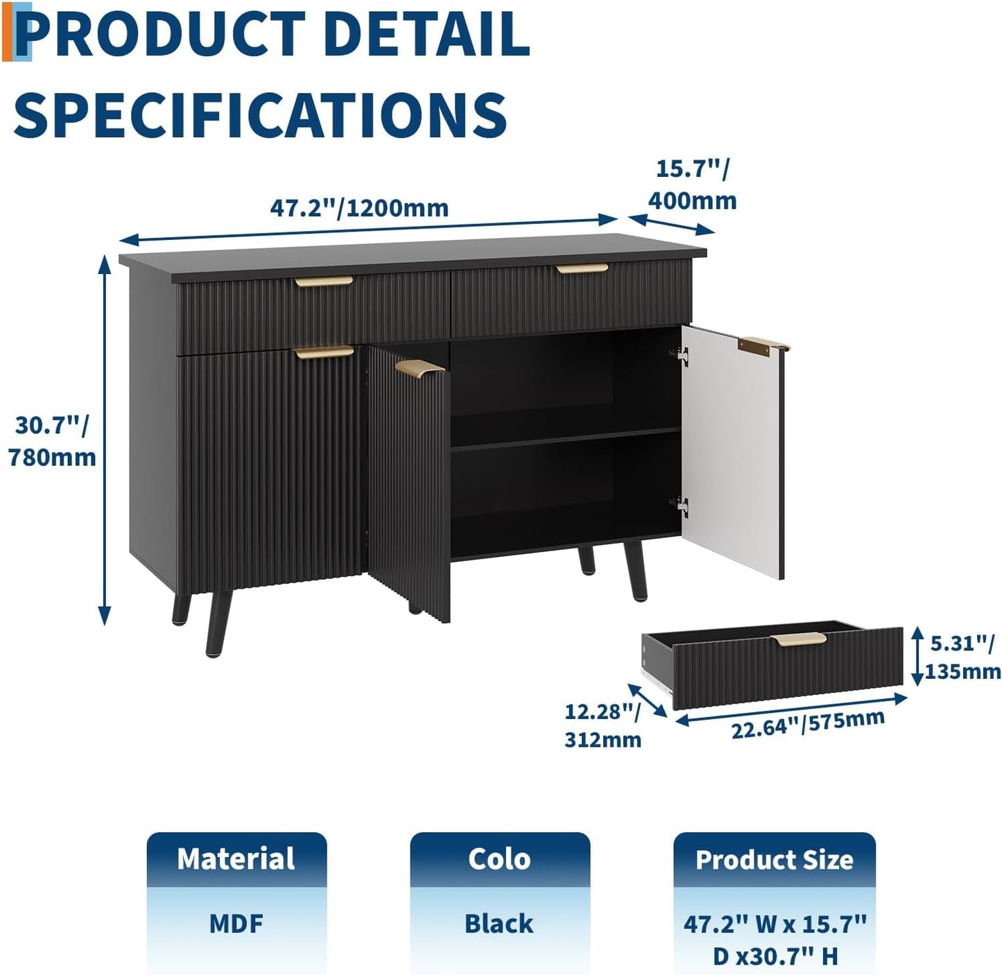 47In Black Sideboard Buffet Cabinet With Adjustable Shelves-1