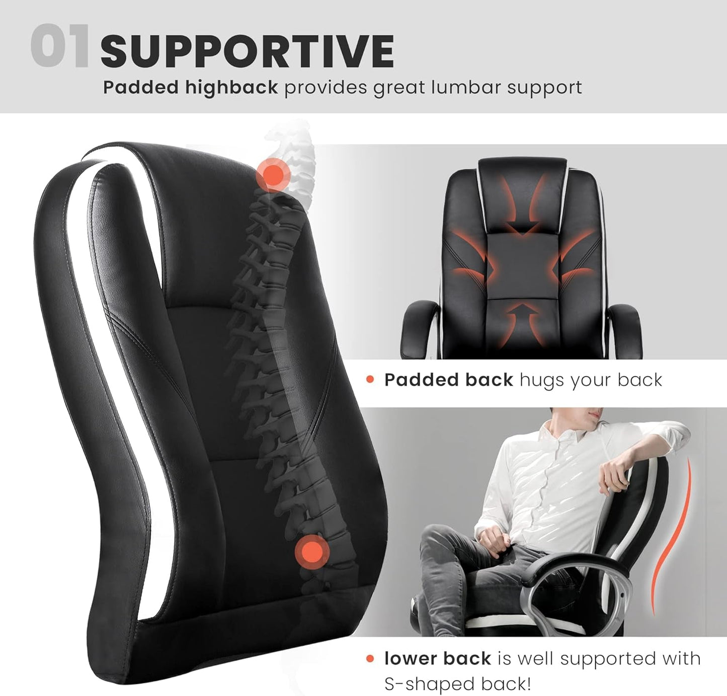 Office Chair Computer Desk Chair Gaming - Ergonomic High Back Cushion Lumbar Support with Wheels Comfortable Black Leather Racing Seat Adjustable Swivel Rolling Home Executive-3
