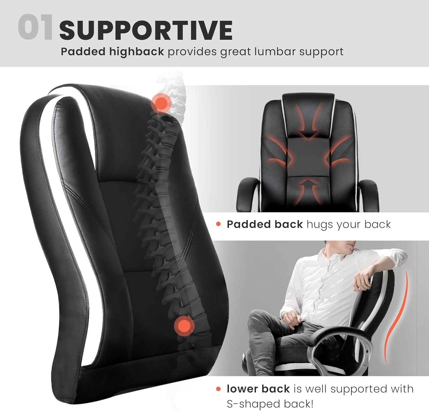 Office Chair Computer Desk Chair Gaming - Ergonomic High Back Cushion Lumbar Support with Wheels Comfortable Black Leather Racing Seat Adjustable Swivel Rolling Home Executive-3