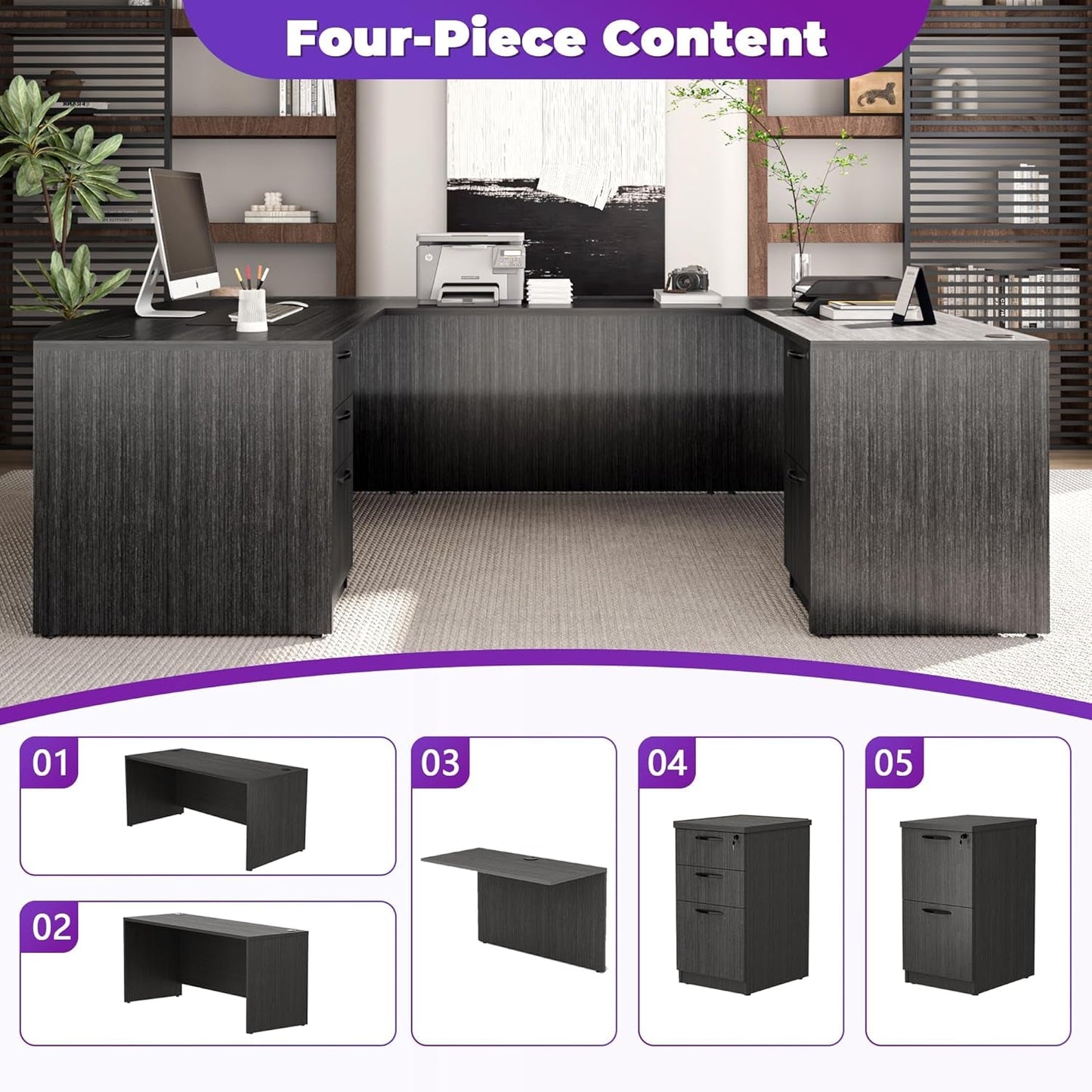 67'' U Shaped Bow Front Executive Desk with 2 Storage File Cabinets-2