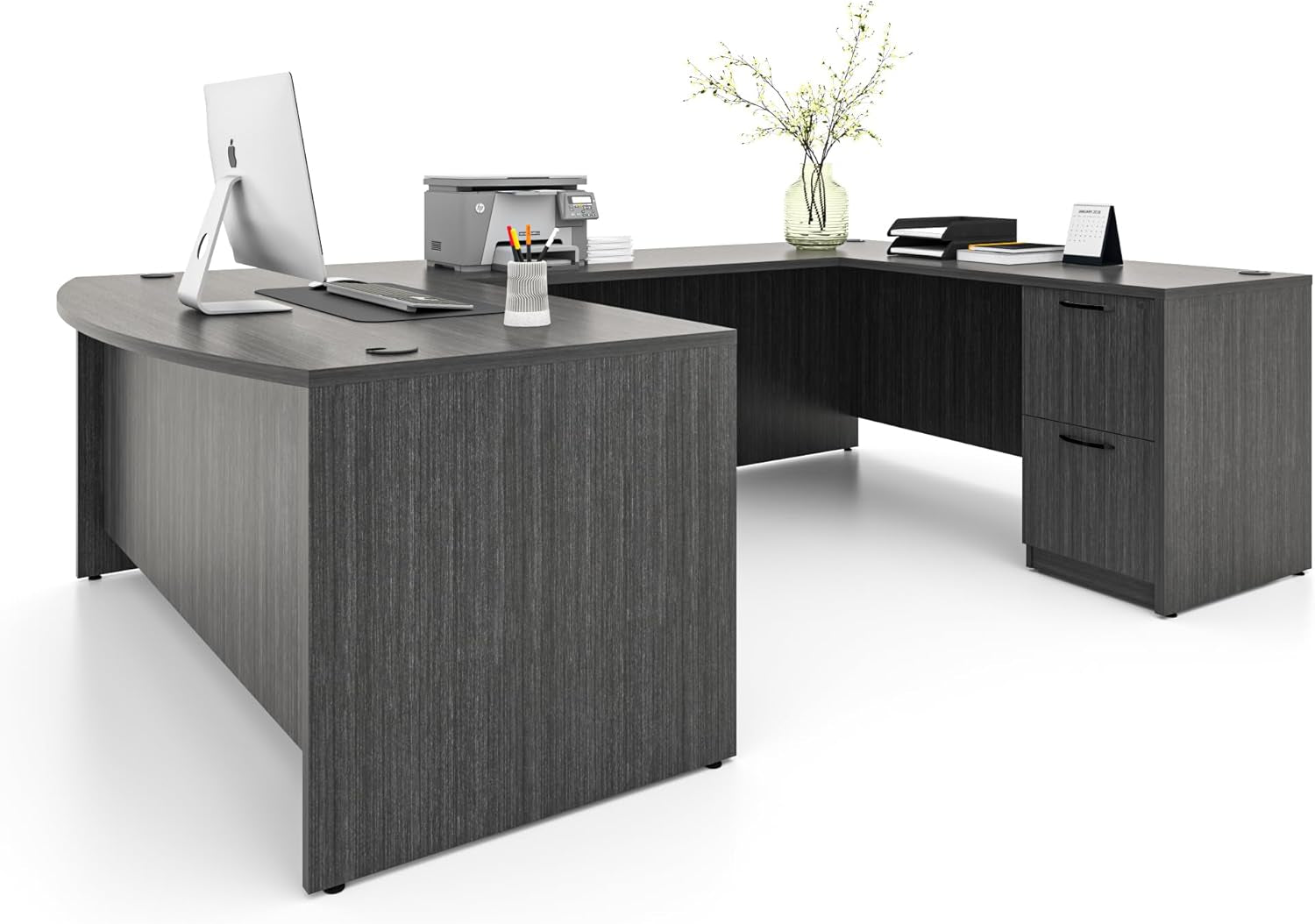 67'' U Shaped Bow Front Executive Desk with 2 Storage File Cabinets-0