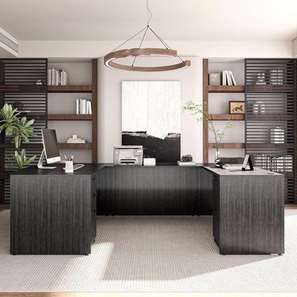 67'' U Shaped Bow Front Executive Desk with 2 Storage File Cabinets-1