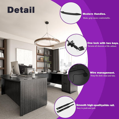 67'' U Shaped Bow Front Executive Desk with 2 Storage File Cabinets-3