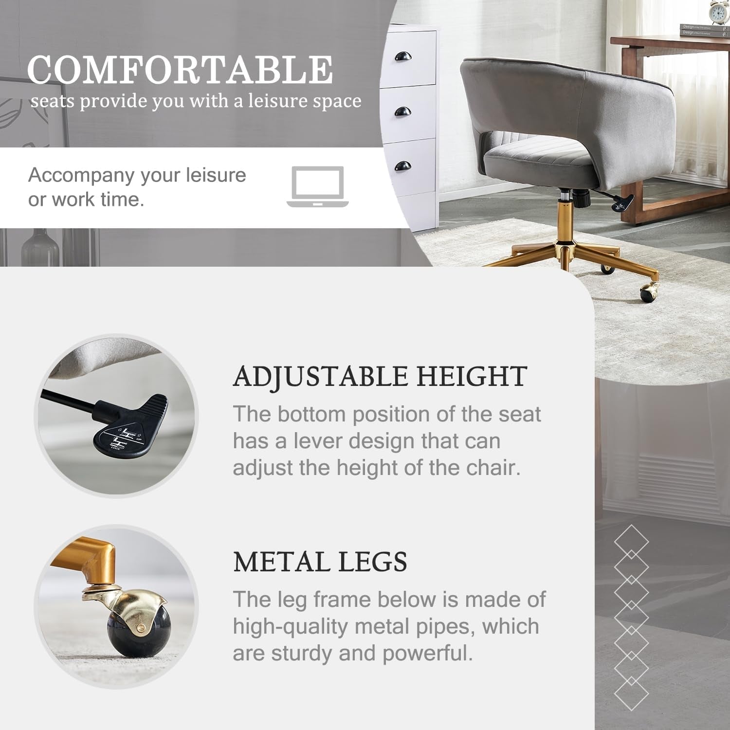 Home Office Chair Swivel Velvet Desk Chair, Vanity Chair with 360 Swivel Armchair and Gold Base,For Living Room, Bedroom, Vanity, Study (Grey)-4