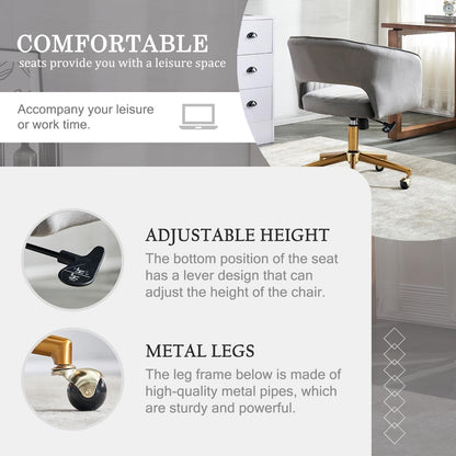 Home Office Chair Swivel Velvet Desk Chair, Vanity Chair with 360 Swivel Armchair and Gold Base,For Living Room, Bedroom, Vanity, Study (Grey)-4