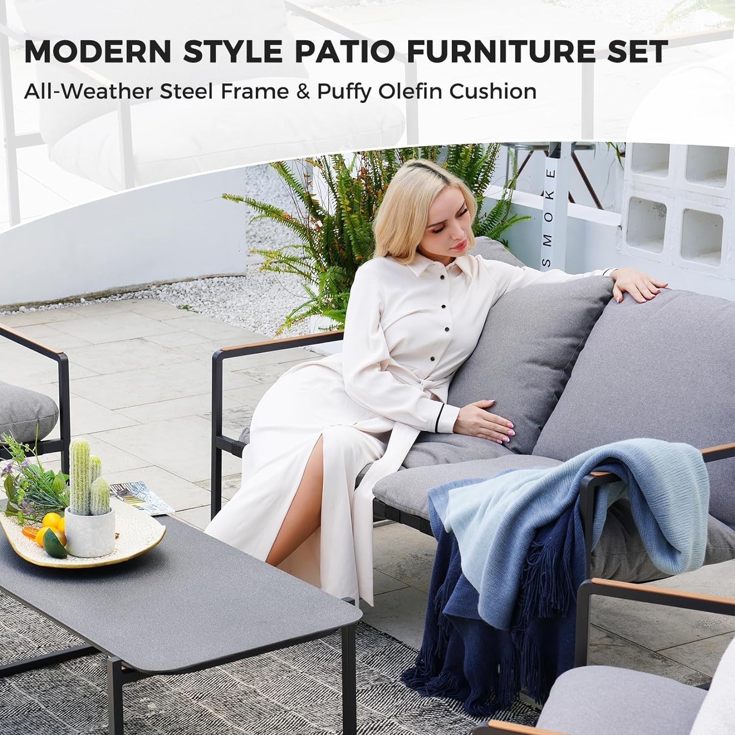 4-Piece Outdoor Furniture Set, Patio Outdoor Sofa with Cushion, Modern Metal Couch with Coffee Table, Outdoor Conversation Set for Porch Deck Balcony Backyard Living Room-1