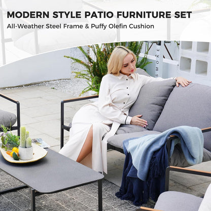4-Piece Outdoor Furniture Set, Patio Outdoor Sofa with Cushion, Modern Metal Couch with Coffee Table, Outdoor Conversation Set for Porch Deck Balcony Backyard Living Room-1
