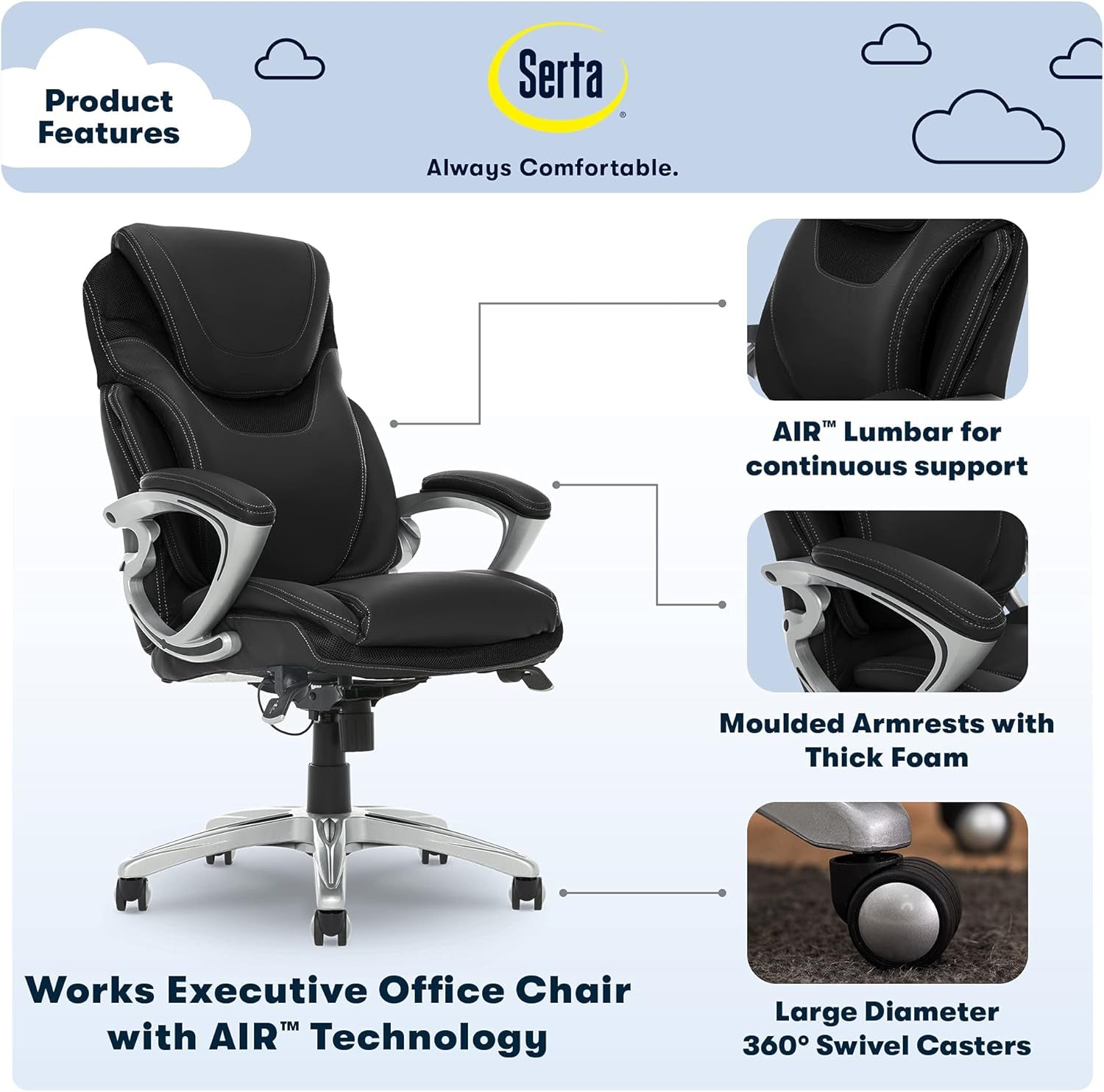 Bryce Executive Office Chair, Ergonomic Computer Deskchair with Patented AIR Lumbar Technology, Comfortable Layered Body Pillows for Cushioning, quality Foam, Bonded Leather, Black-3
