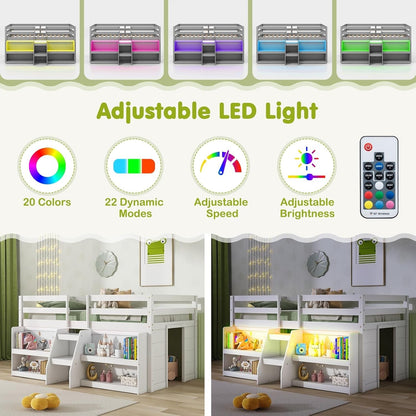 White Twin Low Loft Bed with LED & Stairs-4