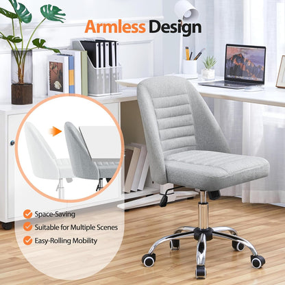 Home Office Desk Chairs, Modern Armless Vanity Chair, Mid Back Desk Chair, Linen Fabric Computer Task Chair with Rolling Wheels, Metal Base-3