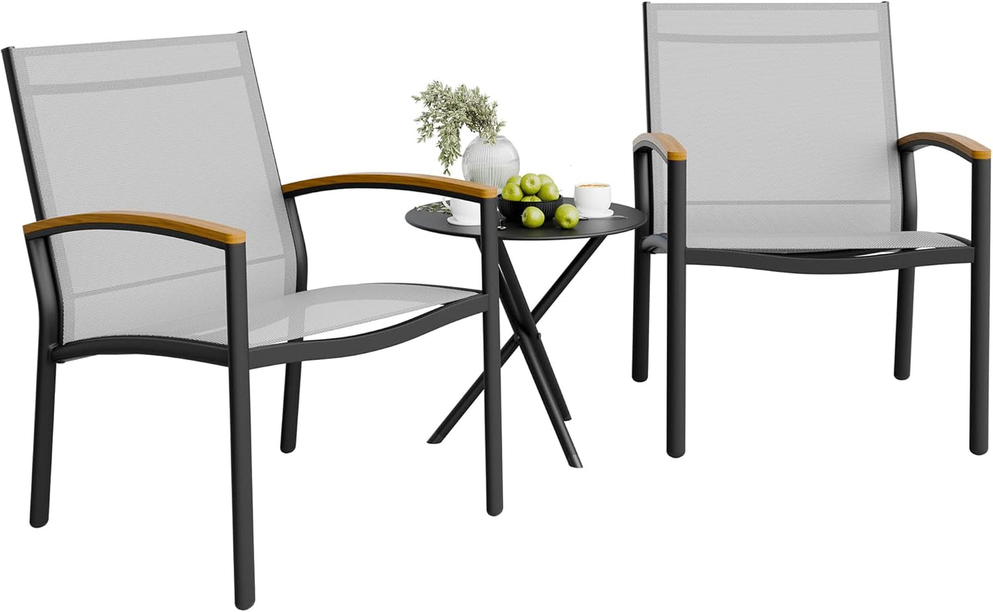 3 Pieces Patio Bistro Sets, Outdoor Textilene Fabric Conversation Bistro Set, Textilene Fabric Front Porch Chairs Small Patio Furniture Set with Table for Lawn,Garden,Balcony (Grey)-0