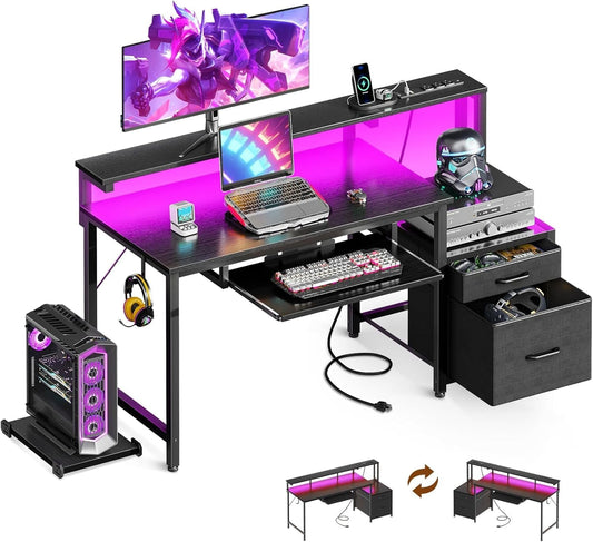 48-Inch Gaming Desk with Power Outlets & LED Light, Reversible PC Desk with Fabric Drawer and File Cabinet, Computer Desk with Keyboard Tray, Table with Full Monitor Riser and PC Stand, Black-0