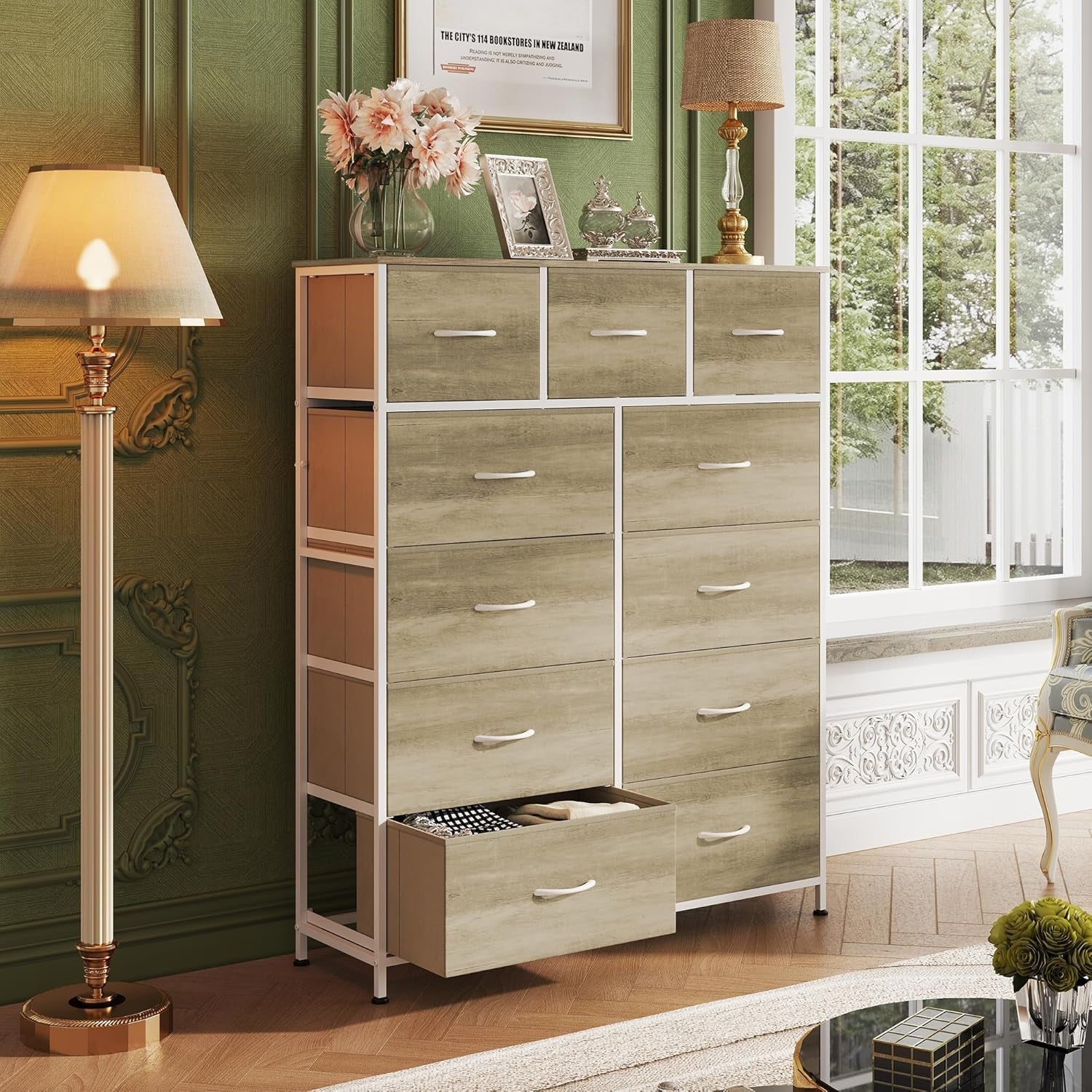 Tall Dresser for Bedroom, Fabric Dresser Storage Tower, Dresser & Chest of Drawers Organizer Unit with 11 Drawers, Storage Cabinet, Hallway, Closets, Steel Frame, Wood Top (Greige)-1