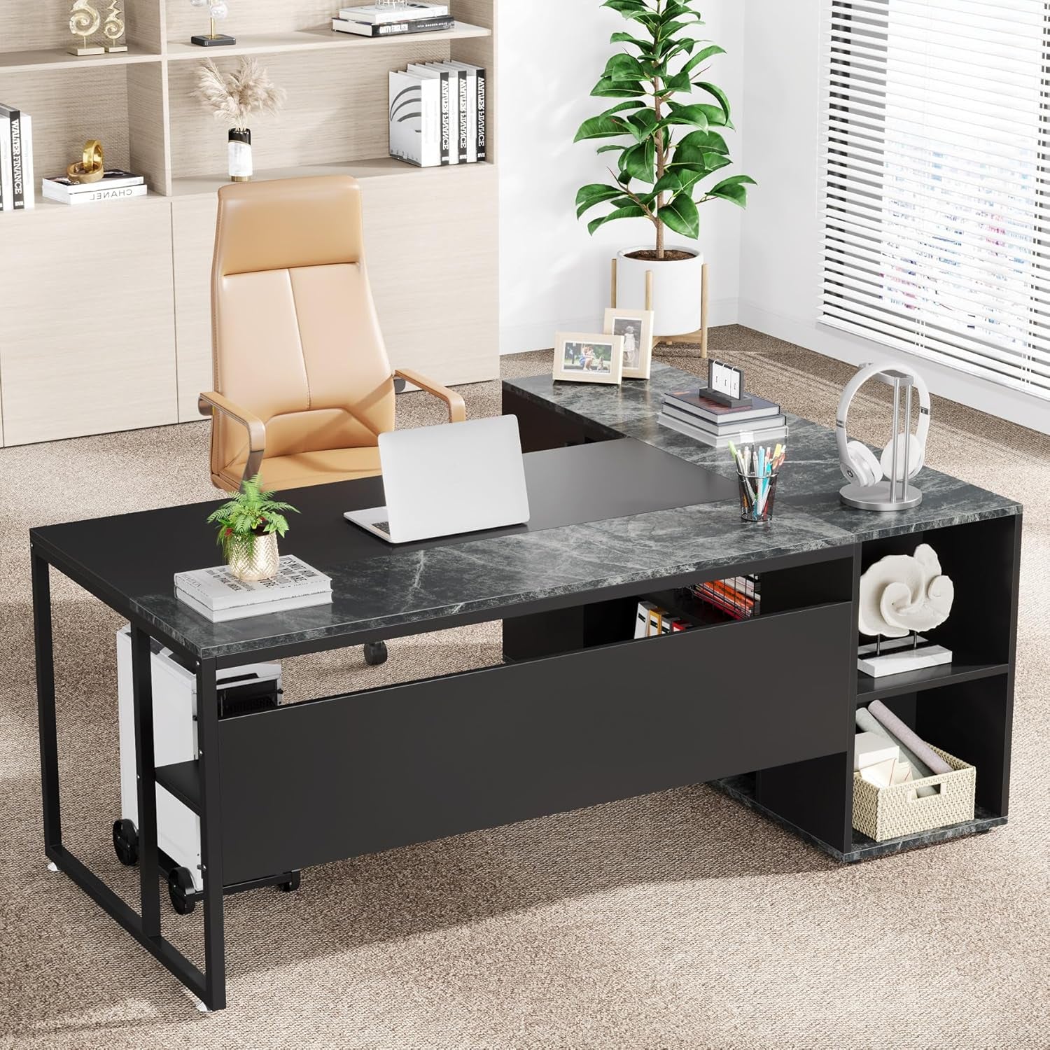 71" L-Shaped Executive Desk with Storage Shelves Black-4