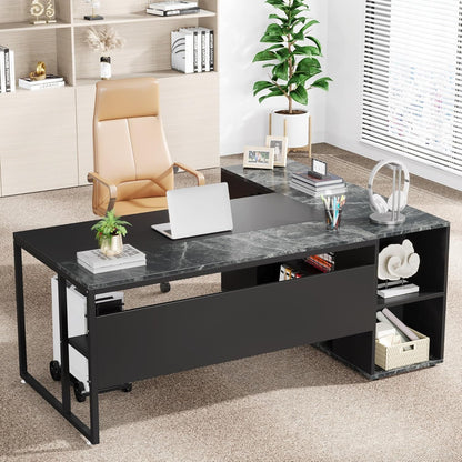 71" L-Shaped Executive Desk with Storage Shelves Black-4