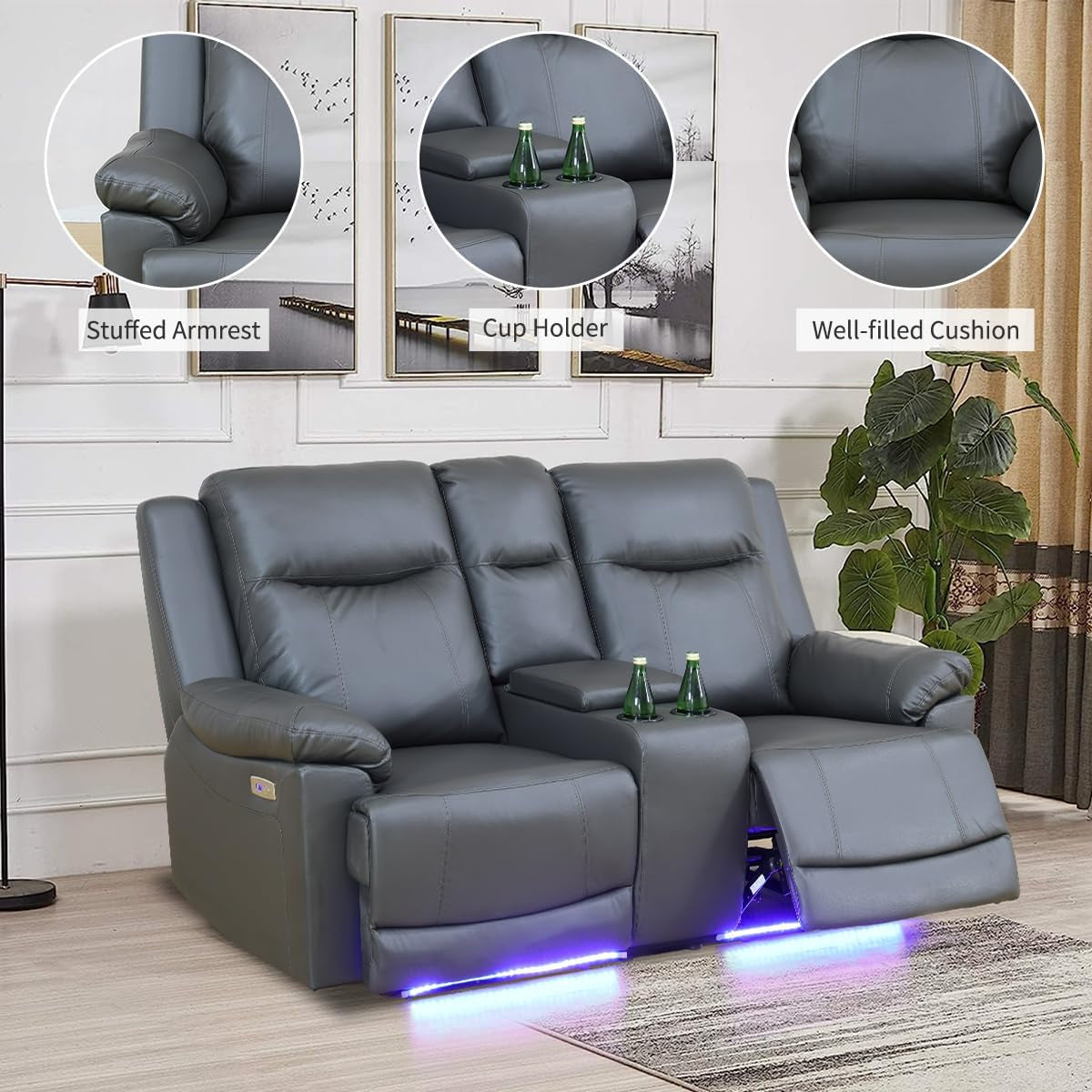 Power Recliner Sofa Set with LED Lights,Leather Living Room Furniture Set with USB Port/Storage Console/Cup Holders,Reclining Sofa Set for House/Home Theater(Sofa&Loveseat 2 Pieces)-3