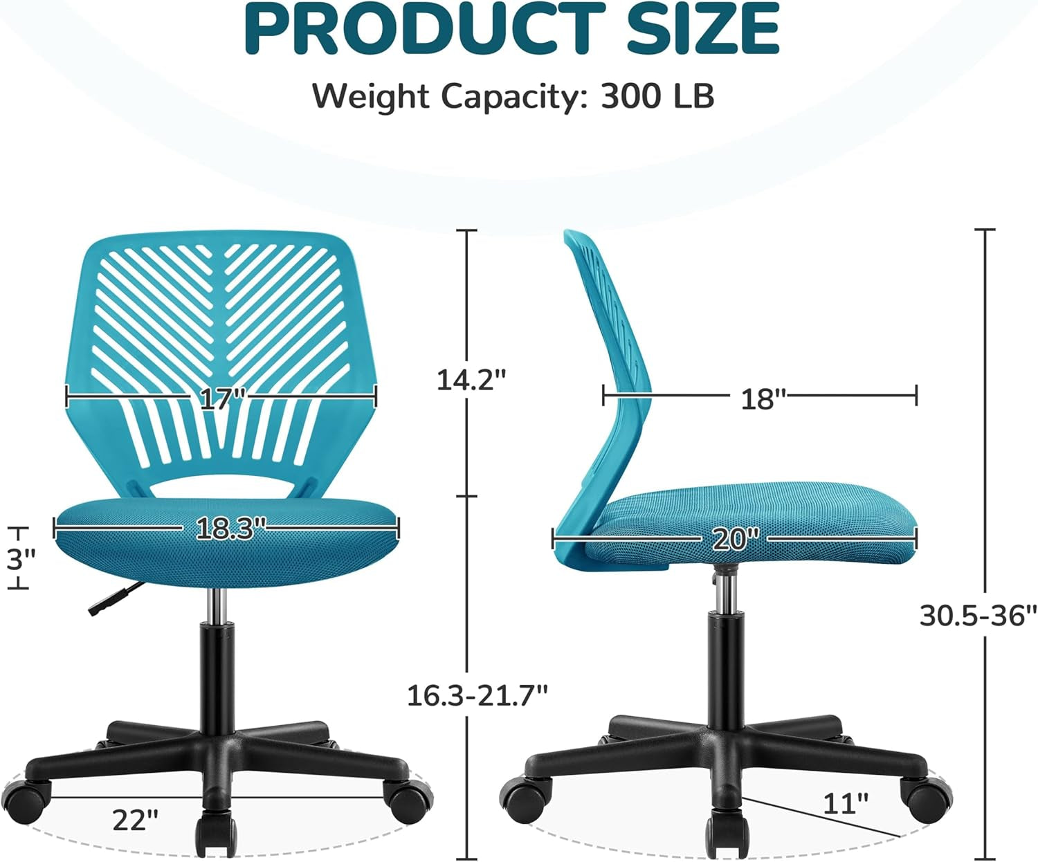 Students Cute Desk Chair Low-Back Armless Study Chair W/Lumbar Support Adjustable Swivel Chair in Home Bedroom School, Turquoise-2
