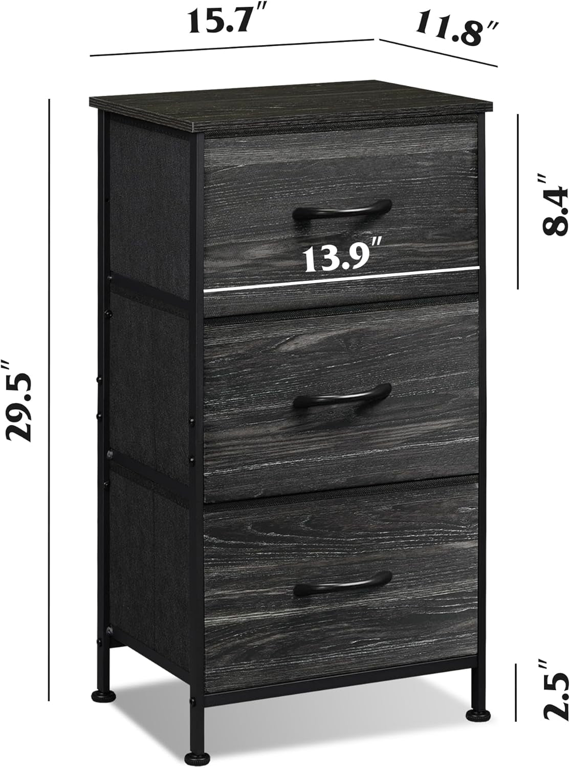 Nightstand with 3 Drawers, Fabric Dresser, Organizer Unit, Storage Dresser for Bedroom, Hallway, Entryway, Closets, Steel Frame, Wood Top, Easy Pull Handle, Charcoal Black Wood Grain Print-2