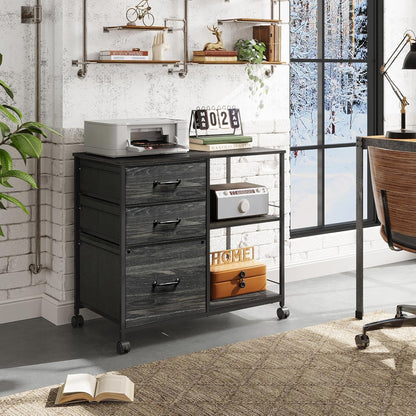 3 Drawer Mobile File Cabinet, Rolling Printer Stand with Open Storage Shelf, Fabric Lateral Filing Cabinet Fits A4 or Letter Size for Home Office, Charcoal Black Wood Grain Print-1