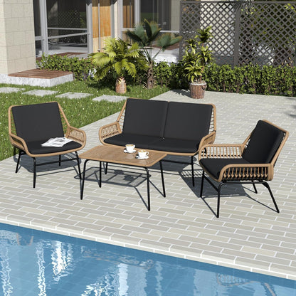 4 Piece Outdoor Patio Furniture Set, Rattan Conversation Sets, All-Weather Wicker Chairs with Cushions and Coffee Table, for Garden Balcony Courtyard Poolside-0