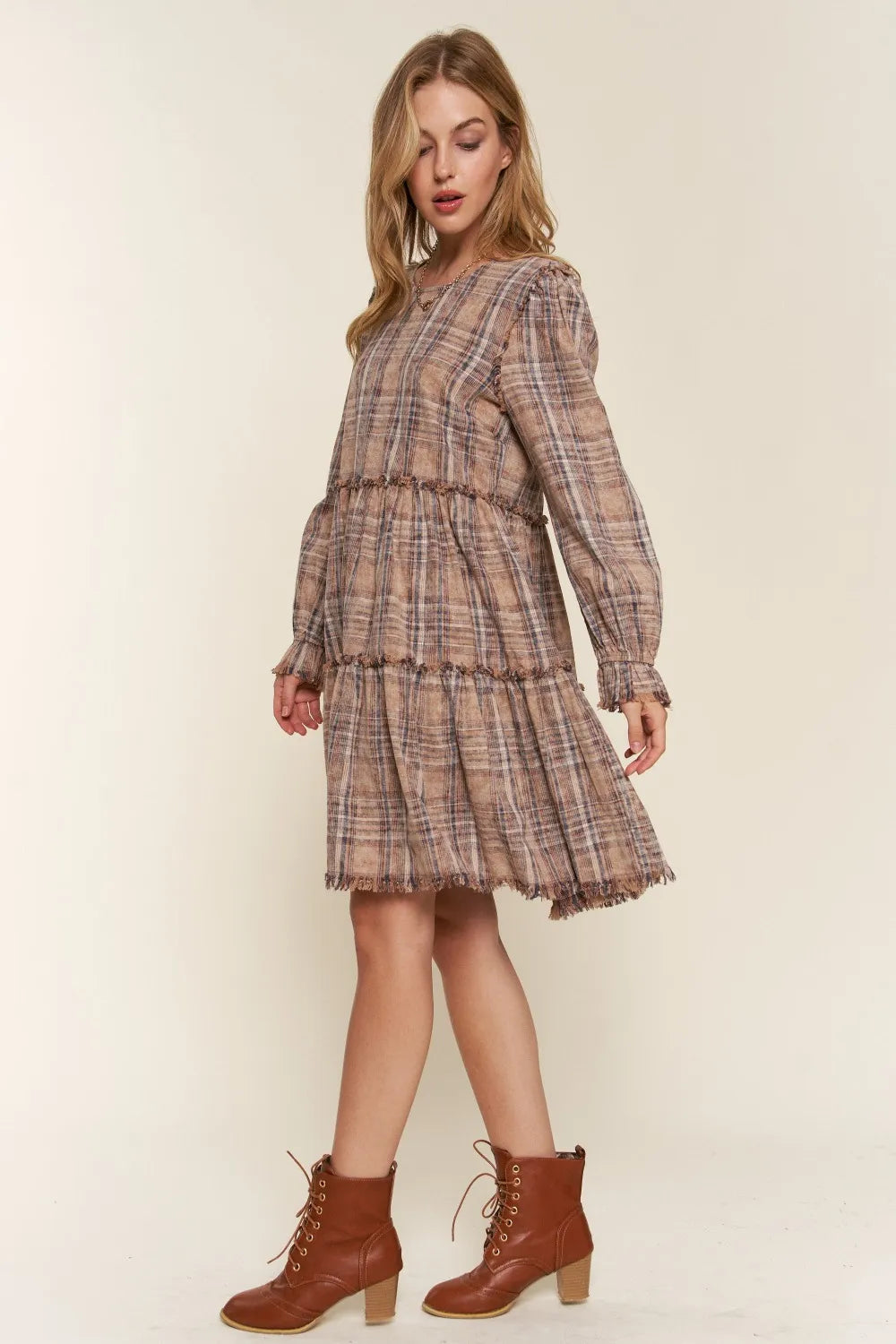And The Why Full Size Washed Frayed Tiered Plaid Dress