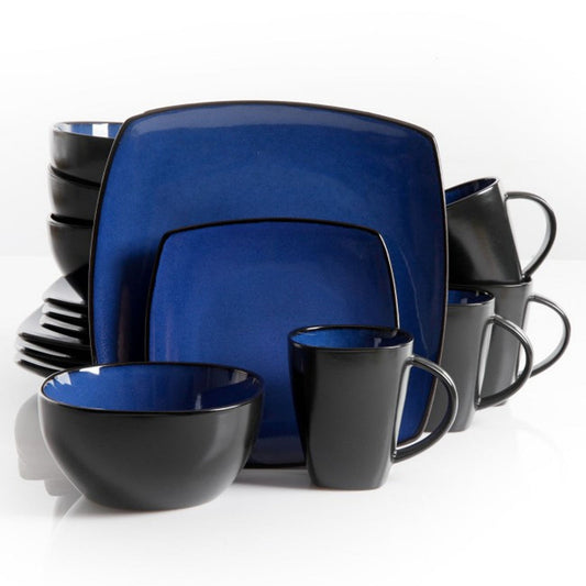 Gibson Soho Lounge 16 Piece Square Stoneware Dinnerware Set in Blue and Black-0