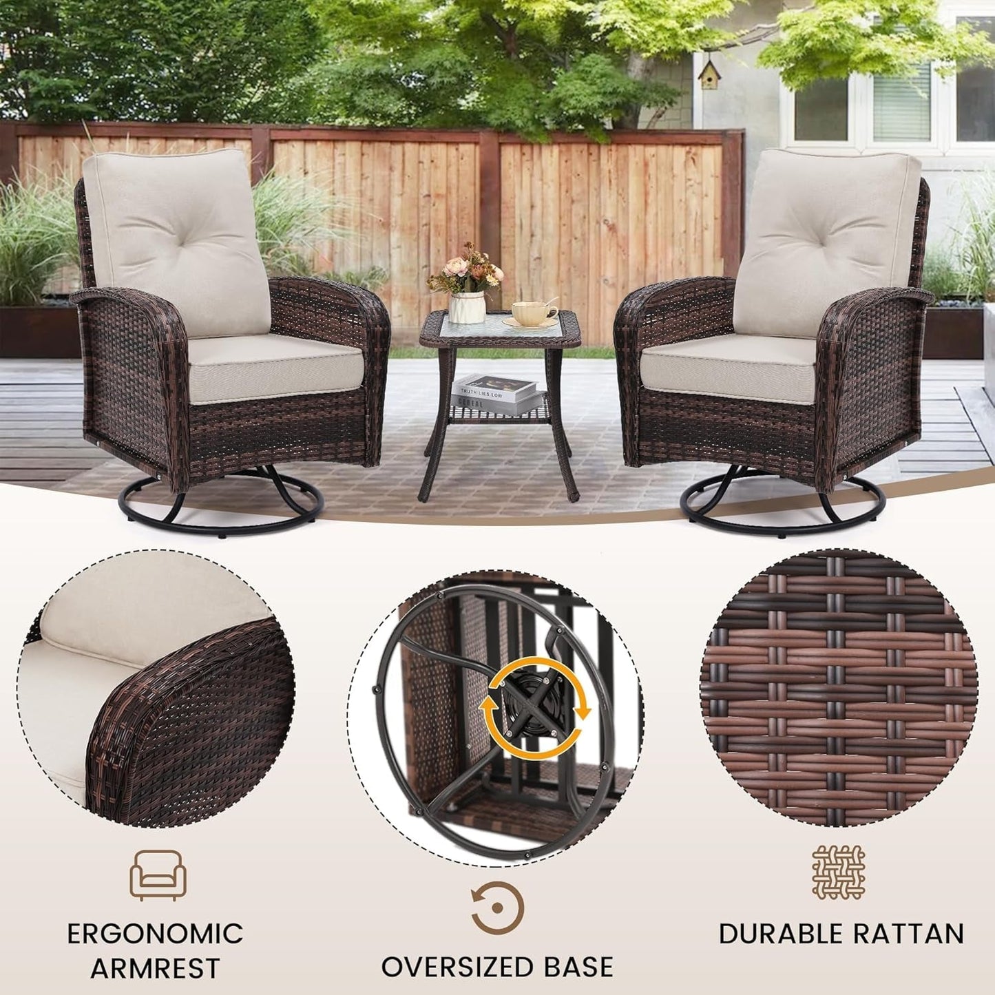 2 Luxury Outdoor Swivel Wicker Glider Patio Chairs with Table Set, Overstuffed Washable Cushions, Ideal for Porch, Balcony, Deck, Brown Rattan and Beige Cushions-4