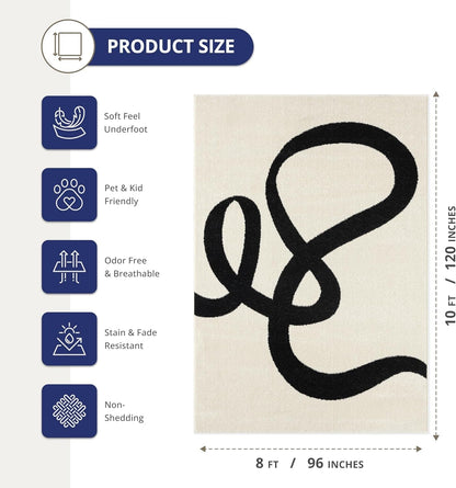 Abstract Beige/Black Area Rug - 8'X10' - Modern Curved Line Design - Deco Collection - Easy to Clean - Durable for High Traffic Areas - Living Room, Dining Room - Medium Pile-1