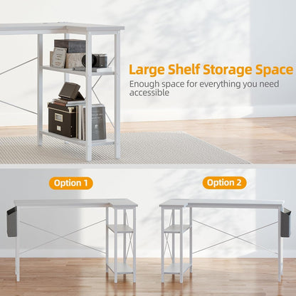 Small Computer Desk with Power Outlets, 40 Inch L Shaped Desk with Reversible Shelves, Gaming Desk Corner Desk Study Writing Desk for Home Office Bedroom Small Space, White-4