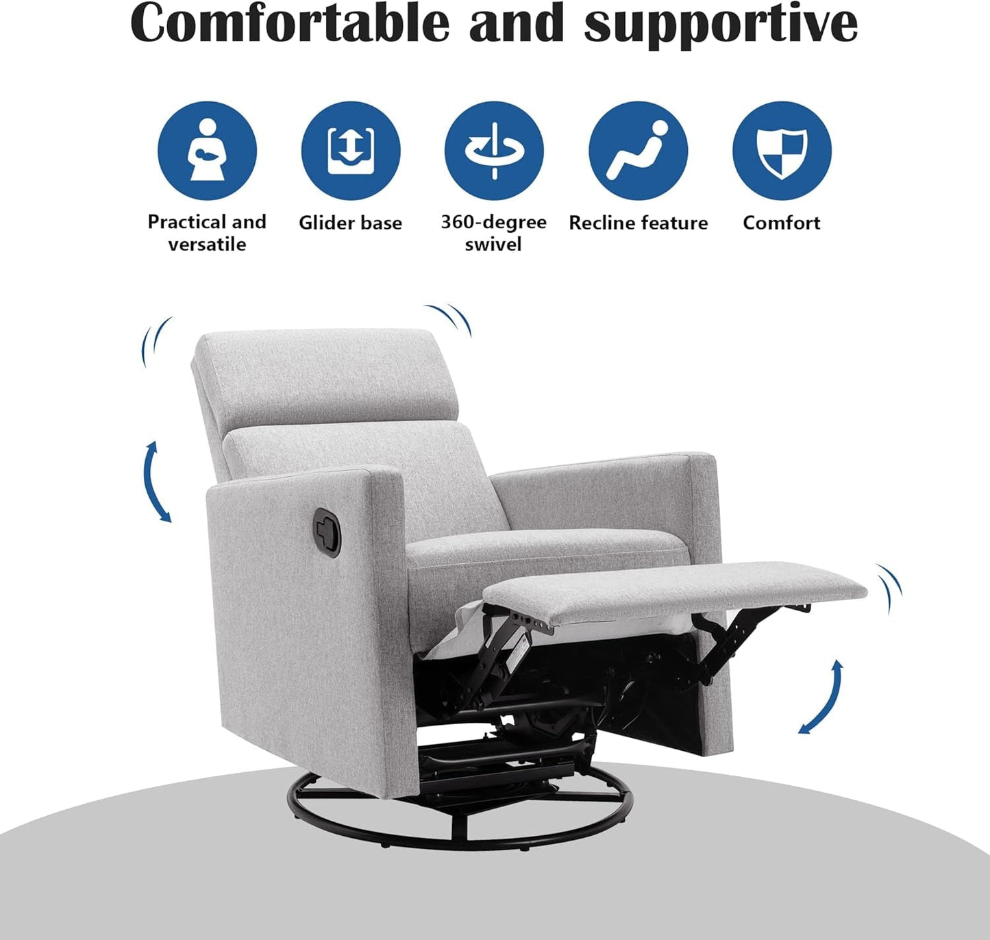 Modern Upholstered Manual Swivel Recliner Chair W/Headsupport Adjustable Nursery Glider Rocker for Living Room, Bedroom Gray-3