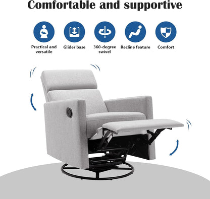 Modern Upholstered Manual Swivel Recliner Chair W/Headsupport Adjustable Nursery Glider Rocker for Living Room, Bedroom Gray-3