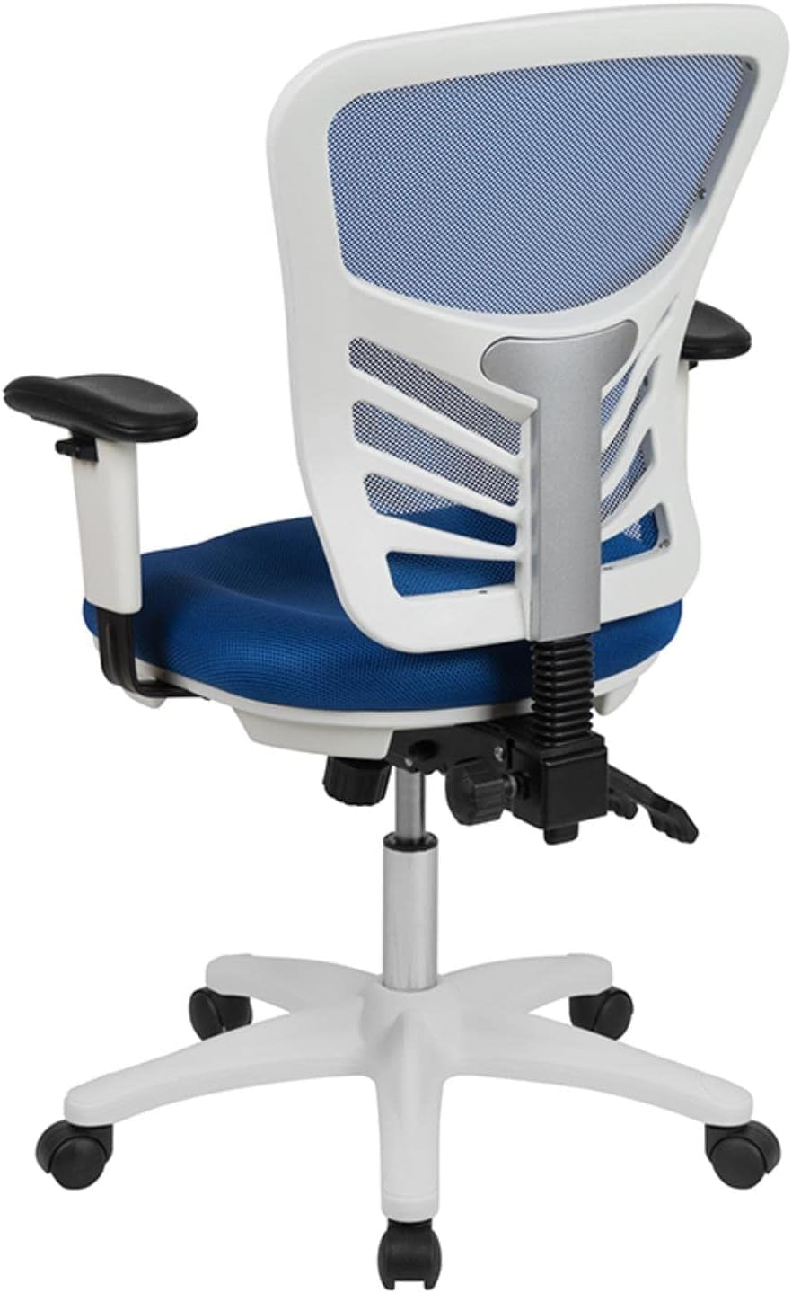 Nicholas Mid-Back Blue Mesh Multifunction Executive Swivel Ergonomic Office Chair with Adjustable Arms and White Frame-4