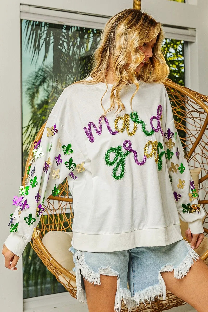 BiBi Fleur De Lis Sleeve Mardi Gras Pullover