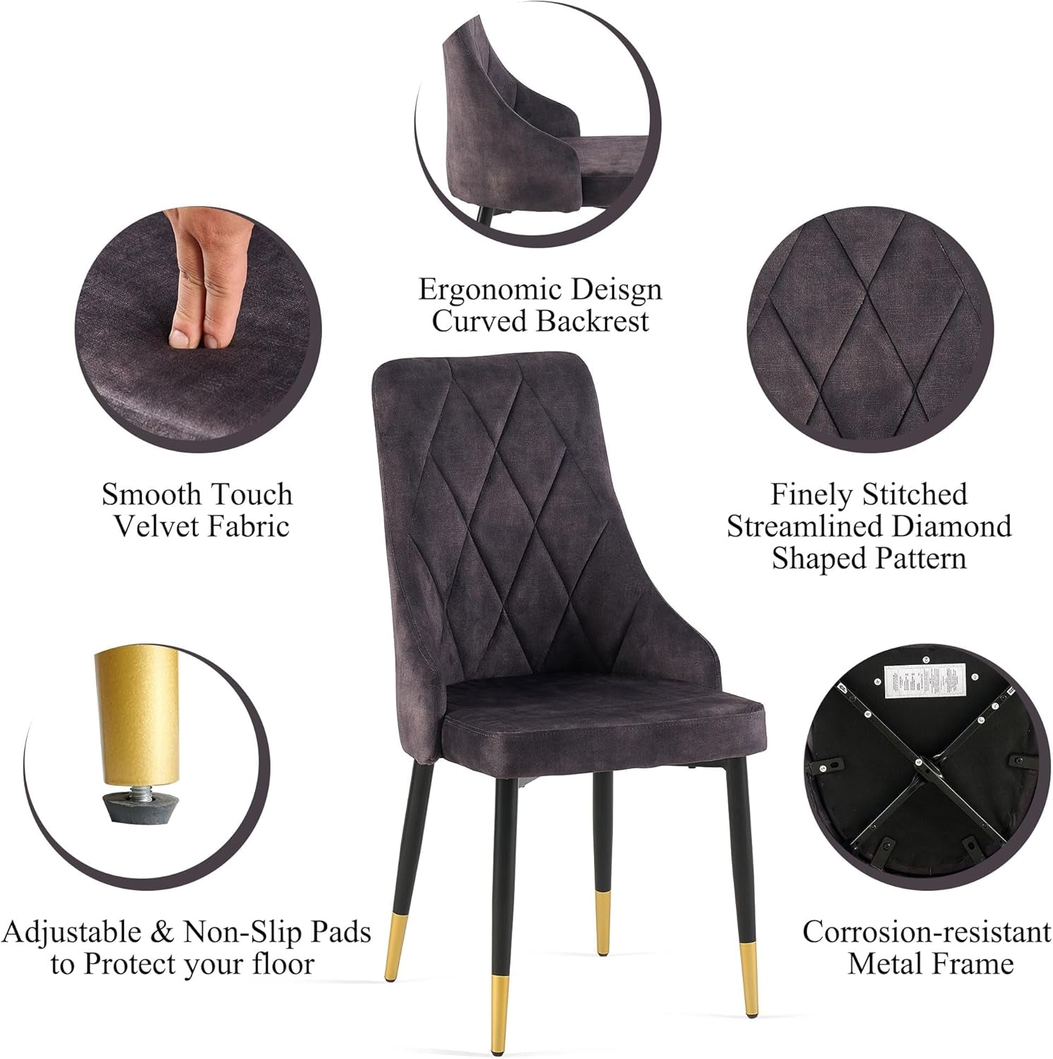 Upholstered Velvet Dining Chair Set of 4, Smoky Gray Armless Side Chair with Metal Legs for Home Kitchen-2