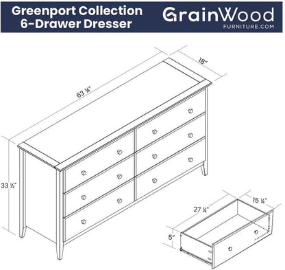 Greenport 6-Drawer Bedroom Dresser, Solid Wood with a Brushed Driftwood Finish-2