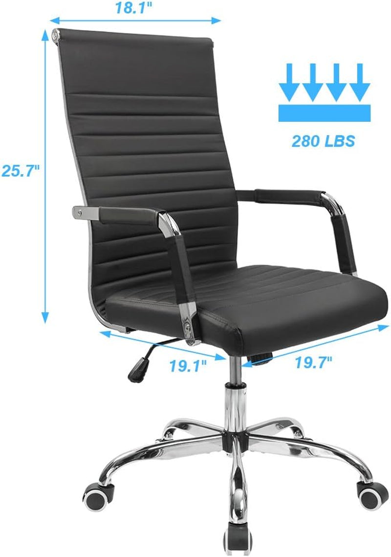 Ribbed Office Desk Chair Mid-Back PU Leather Executive Conference Task Chair Adjustable Swivel Chair with Arms (Black)-2