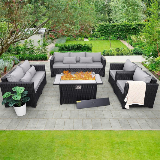 5 Pcs Outdoor Furniture Sets Patio Furniture Set with 45" Fire Pit Patio Couch Outdoor Chairs 60000 BTU Steel Propane Fire Pit Table No-Slip Cushions and Waterproof Covers, Light Grey-0