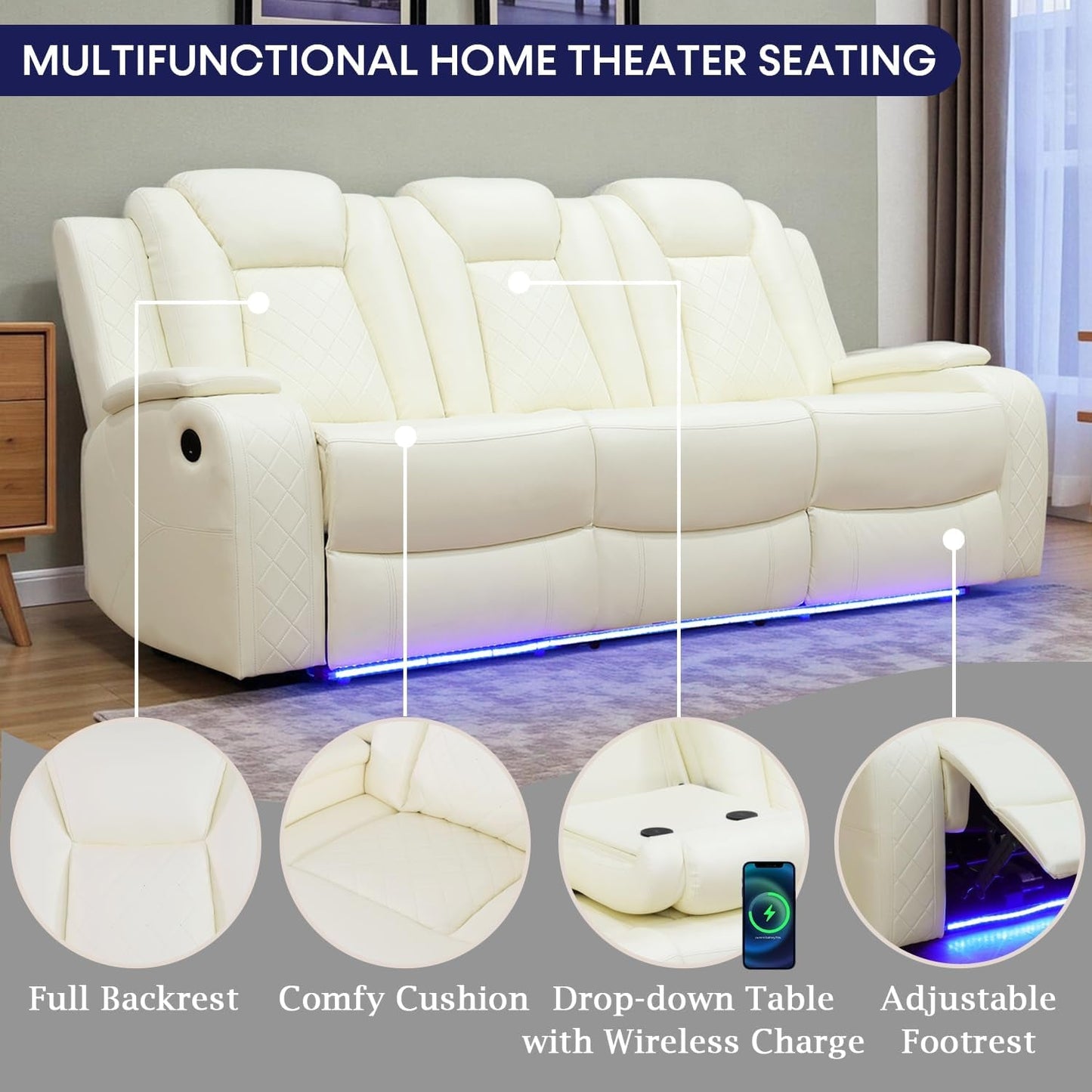 Power Recliner Sofa Set with LED Lights,Leather Reclining Sofa with USB Port/Wireless Charger/Storage Console/Cup Holder,Living Room Furniture Set for House/Home Theater(3 Piece Set,Creamy)-3