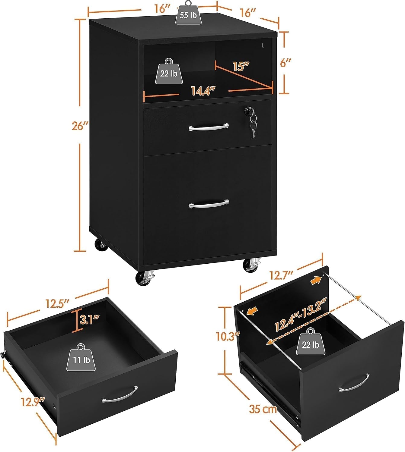 File Cabinet, under Desk Vertical Cabinet with 2 Drawers and Open Compartment, Printer Stand with Lockable Wheels for A4 Letter Size Hangable File Folders for Home Office(Black)-2