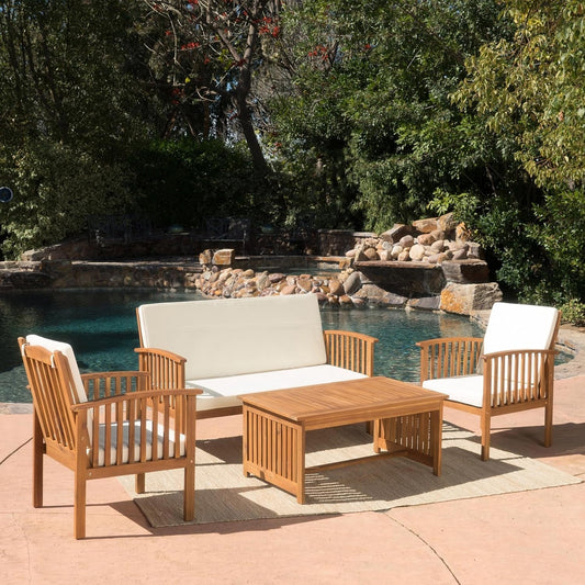 Patio Furniture Set 4 Pieces Outdoor Acacia Wood Conversation Sets with Coffee Table & Cushions, Garden Conversation Bistro Sets for Patio, Lawn, Yard, Pool or Backyard, Brown-0